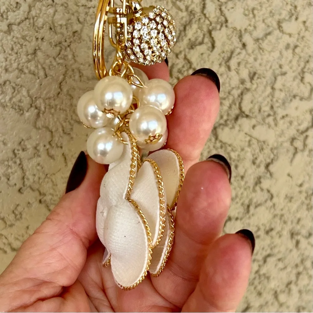Luxe White Flower Gold Accented Keychain/ Bag Charm